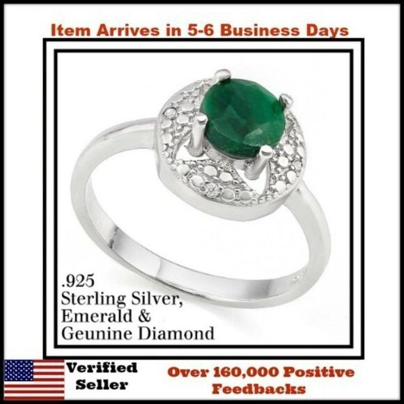 Elite New 1.35ctw Genuine Emerald & Diamond .925 Sterling Silver Size 7 Ring - Picture 1 of 5